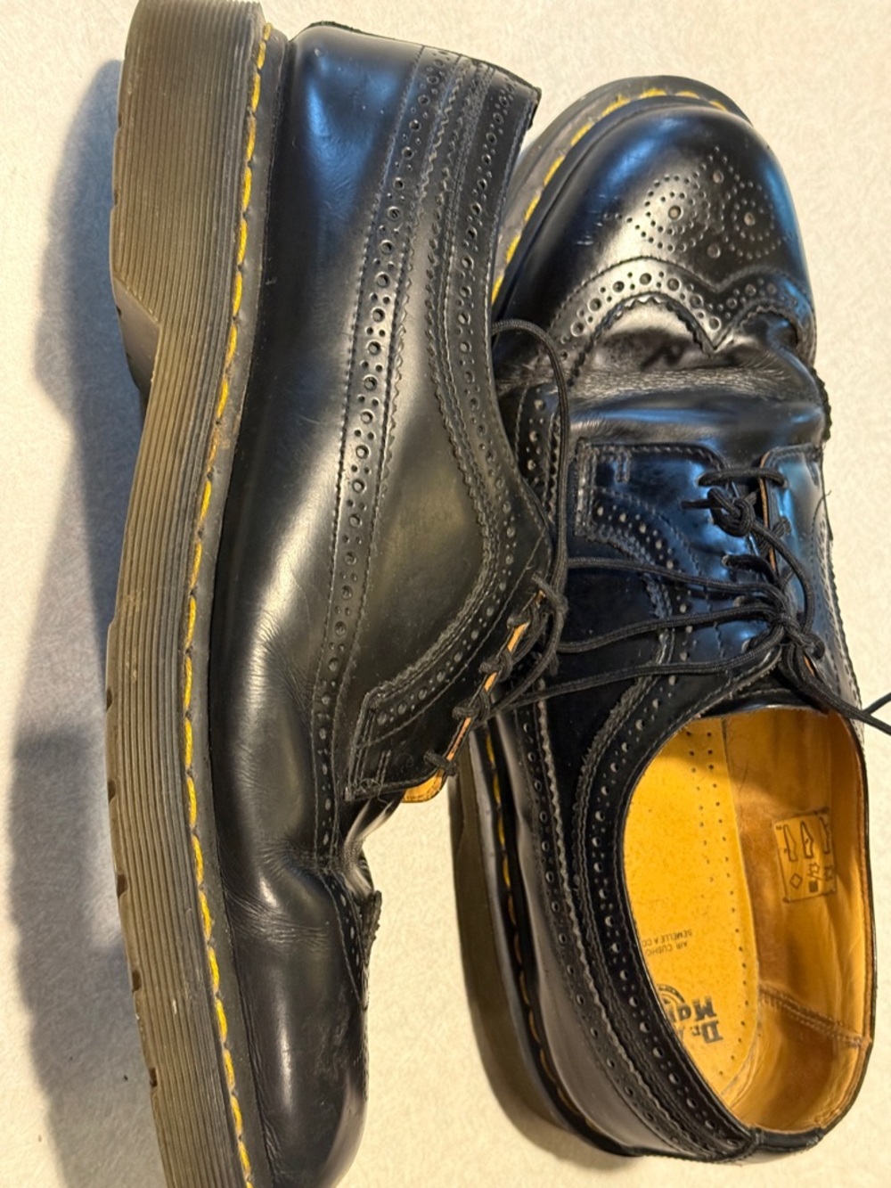 Dr. Martens Black Leather Brogue Derby Shoes with Yellow Stitching